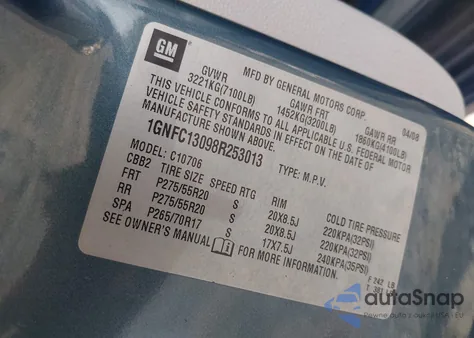 2008 Chevrolet Tahoe Lt из США, поврежденный, VIN 1GNFC13098R253013